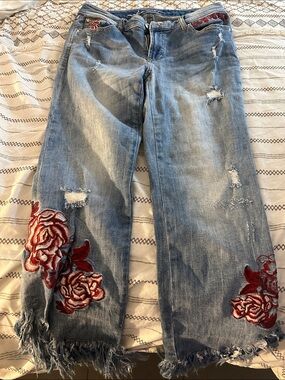 Inc Denin Light Blue Distressed Wide-Leg Jeans with Red Rose Embroidery